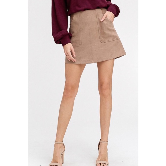 Taupe Suede Textured Stretch A-Line Mini Skirt - Picture 1 of 8